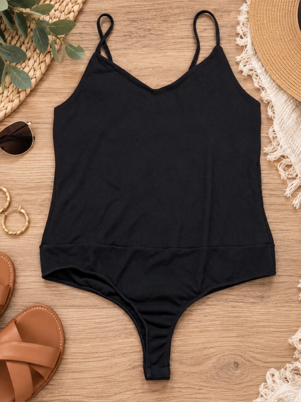 White Birch Black Spaghetti Strap Camisole Bodysuit Stretch Knit 1X
